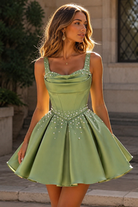 Beaded A-Line Straps Lace-Up Short Satin Homecoming Dress