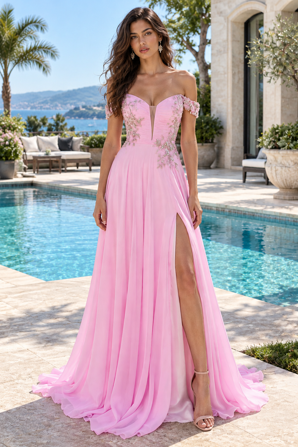 Beaded Appliques Chiffon A-Line Pleated Party Prom Dress With Leg Slit