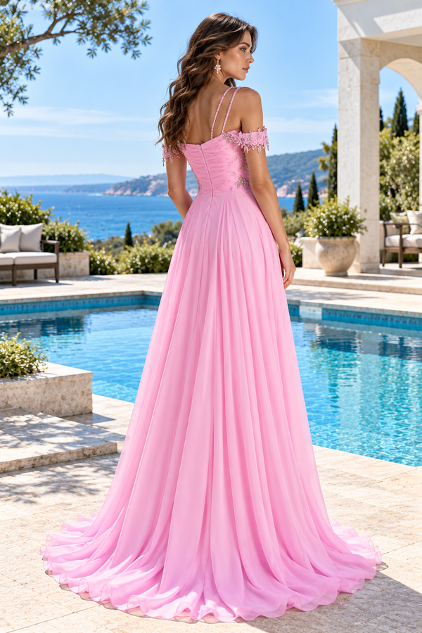 Beaded Appliques Chiffon A-Line Pleated Party Prom Dress With Leg Slit