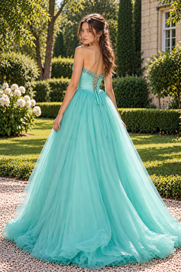 Beaded Appliques Strapless A-Line Empire Long Party Prom Dress