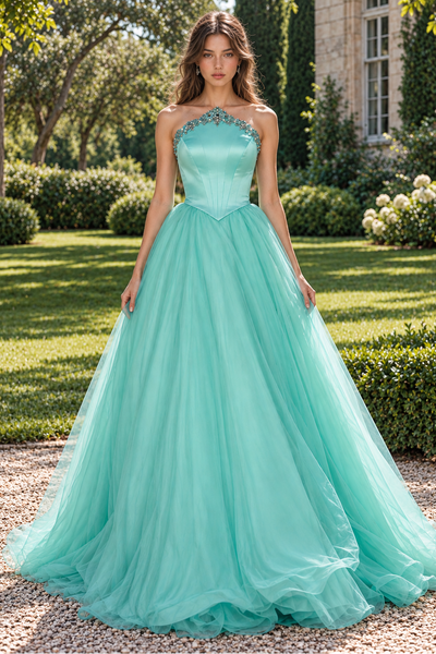 Beaded Appliques Strapless A-Line Empire Long Party Prom Dress