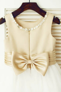 Beaded Neckline Two Tone A-Line Flower Girl Dress With Bow