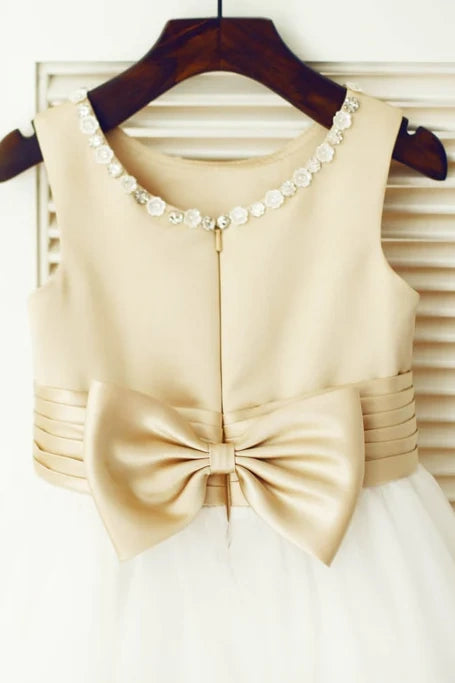 Beaded Neckline Two Tone A-Line Flower Girl Dress With Bow