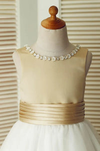 Beaded Neckline Two Tone A-Line Flower Girl Dress With Bow