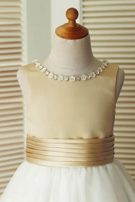 Beaded Neckline Two Tone A-Line Flower Girl Dress With Bow