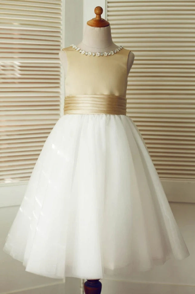 Beaded Neckline Two Tone A-Line Flower Girl Dress With Bow