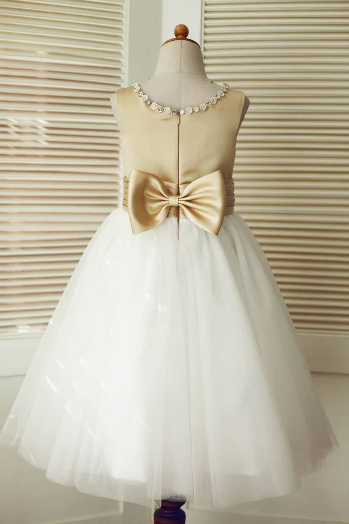 Beaded Neckline Two Tone A-Line Flower Girl Dress With Bow
