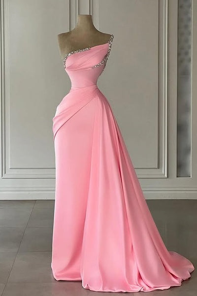 Beaded One Shoulder Sleeveless Satin Empire Party Prom Dress