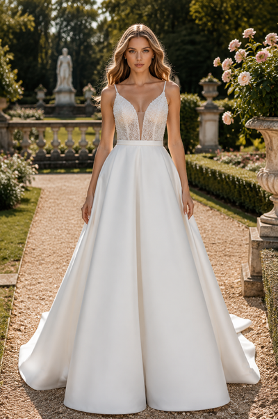 Beaded Sequin Top Satin A-Line V-Neck Sleeveless V-Back Wedding Dress 