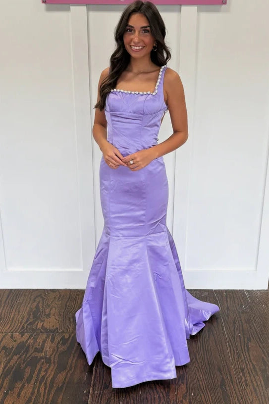 Beaded Square Straps Open Back Satin Mermaid Party Prom Dress