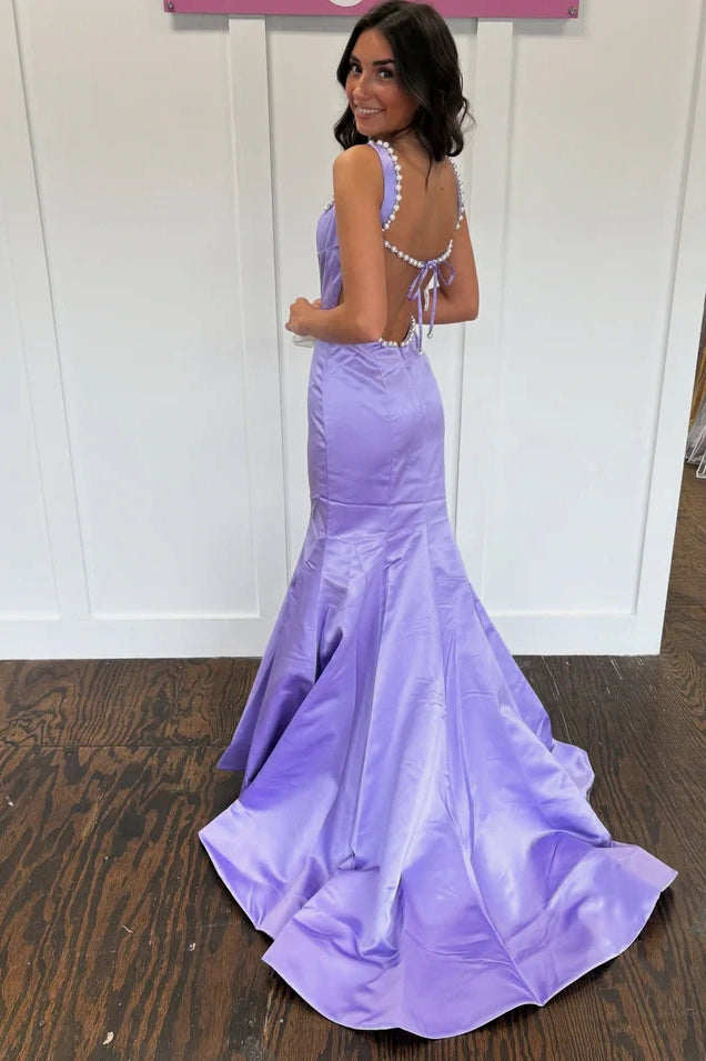 Beaded Square Straps Open Back Satin Mermaid Party Prom Dress