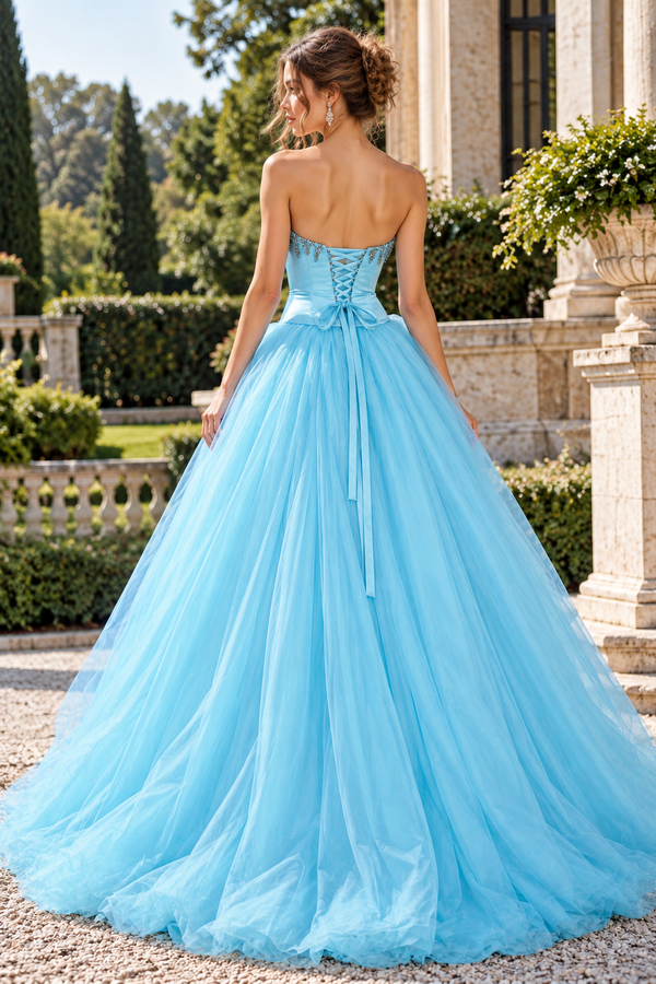 Beaded Strapless A-Line Satin And Tulle Lace-Up Long Party Prom Dress
