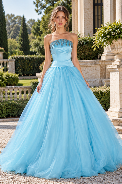 Beaded Strapless A-Line Satin And Tulle Lace-Up Long Party Prom Dress