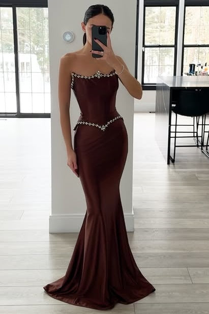 Beaded Straps Empire Mermaid Satin Marty Prom Dress With Train