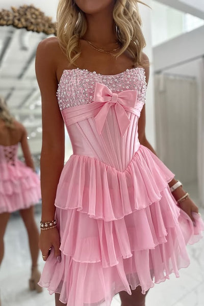 Beaded Top A-Line Corset Empire Tiered Chiffon Homecoming Dress