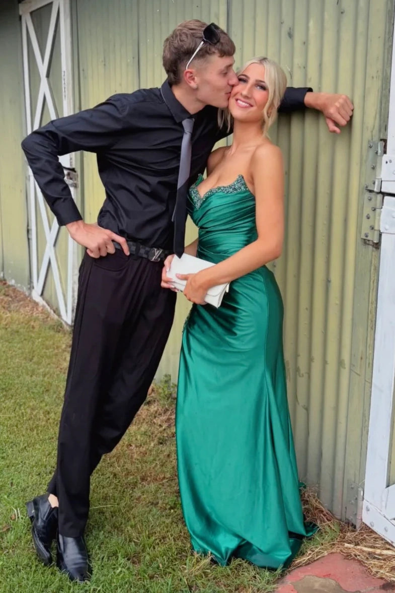Beaded V-Neck Strapless Ruched Empire Satin Mermaid Party Prom Dress 