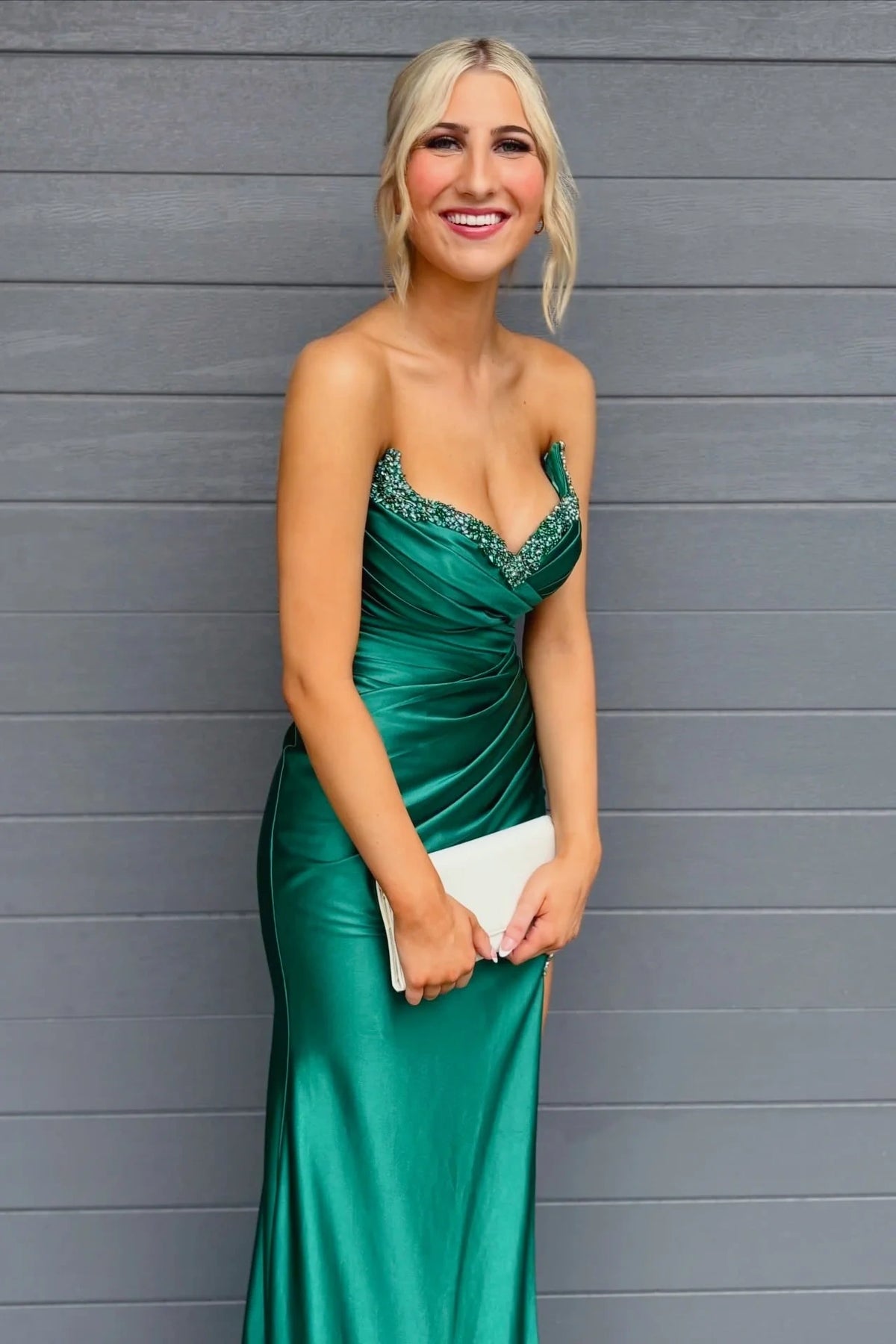 Beaded V-Neck Strapless Ruched Empire Satin Mermaid Party Prom Dress 
