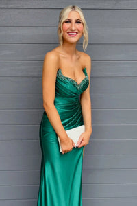 Beaded V-Neck Strapless Ruched Empire Satin Mermaid Party Prom Dress 