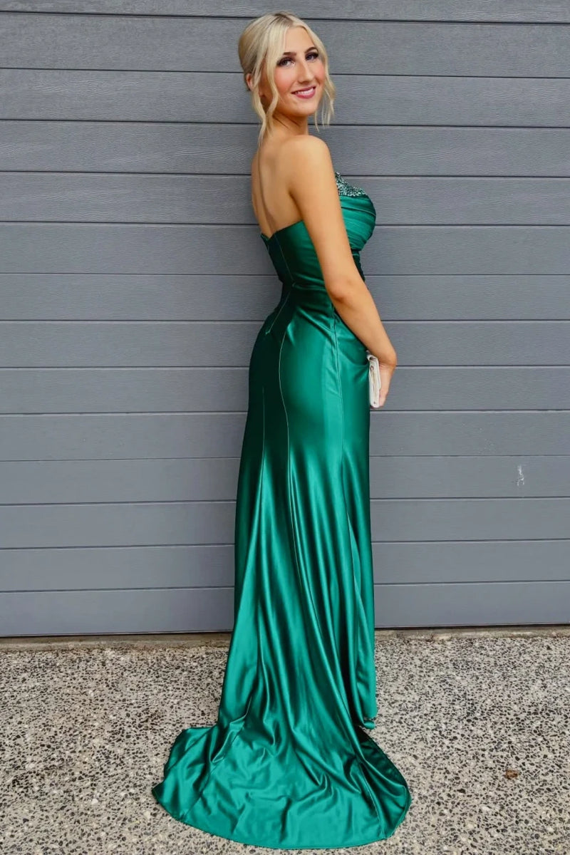 Beaded V-Neck Strapless Ruched Empire Satin Mermaid Party Prom Dress 