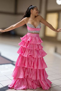 Beaded Strapless Satin A-Line Two Piece Tiered Maxi Party Prom Dress