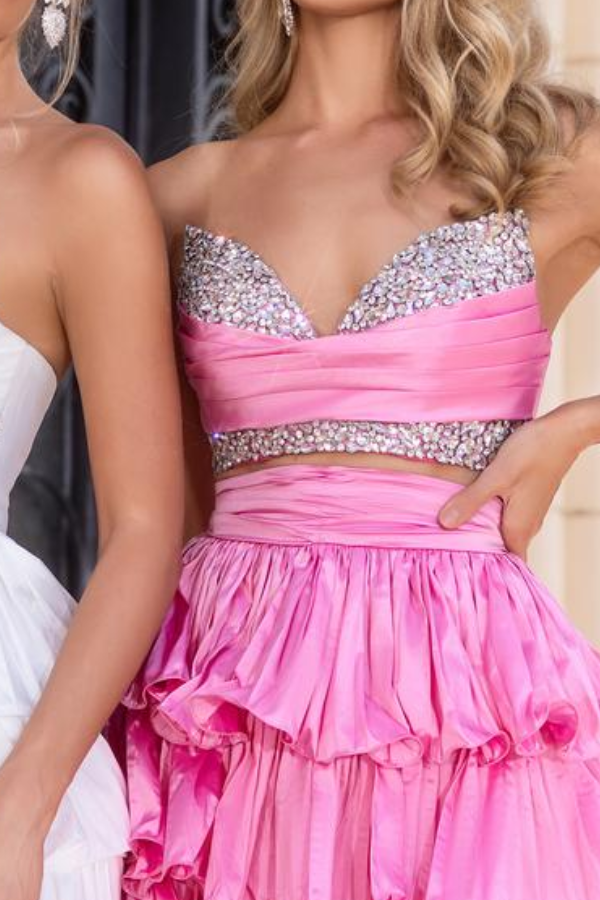 Beaded Strapless Satin A-Line Two Piece Tiered Maxi Party Prom Dress