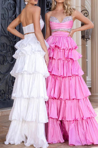 Beaded Strapless Satin A-Line Two Piece Tiered Maxi Party Prom Dress