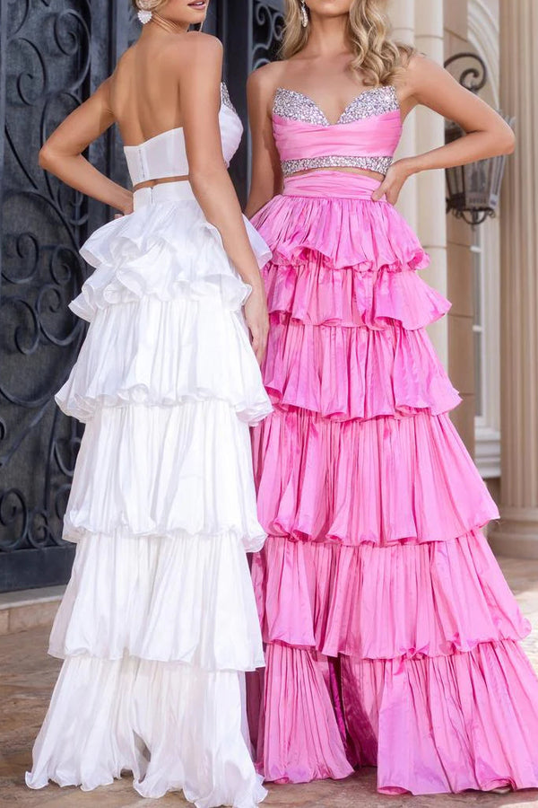 Beaded Strapless Satin A-Line Two Piece Tiered Maxi Party Prom Dress