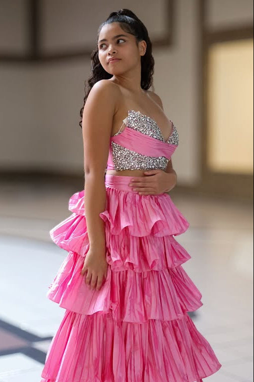 Beaded Strapless Satin A-Line Two Piece Tiered Maxi Party Prom Dress
