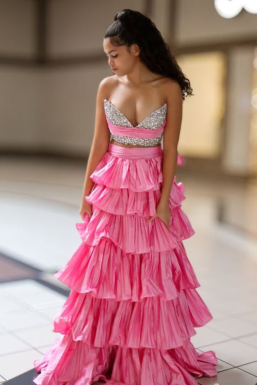 Beaded Strapless Satin A-Line Two Piece Tiered Maxi Party Prom Dress