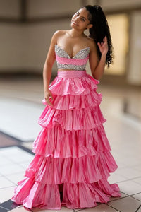 Beaded Strapless Satin A-Line Two Piece Tiered Maxi Party Prom Dress
