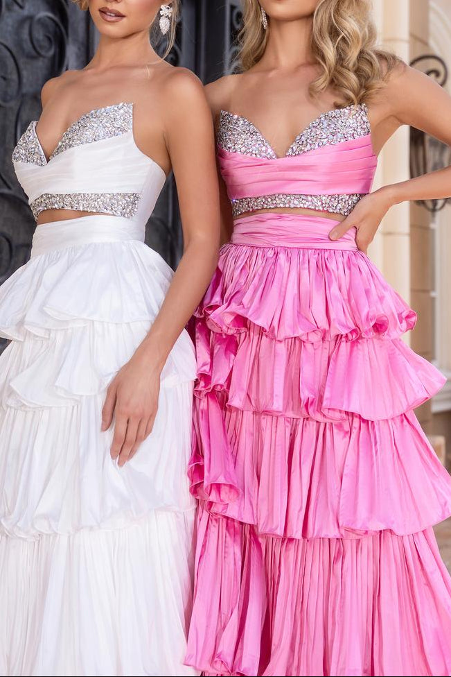 Beaded Strapless Satin A-Line Two Piece Tiered Maxi Party Prom Dress