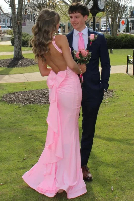 Beautiful Backless V-Neck Mermaid Satin Party Prom Dress With Bow 