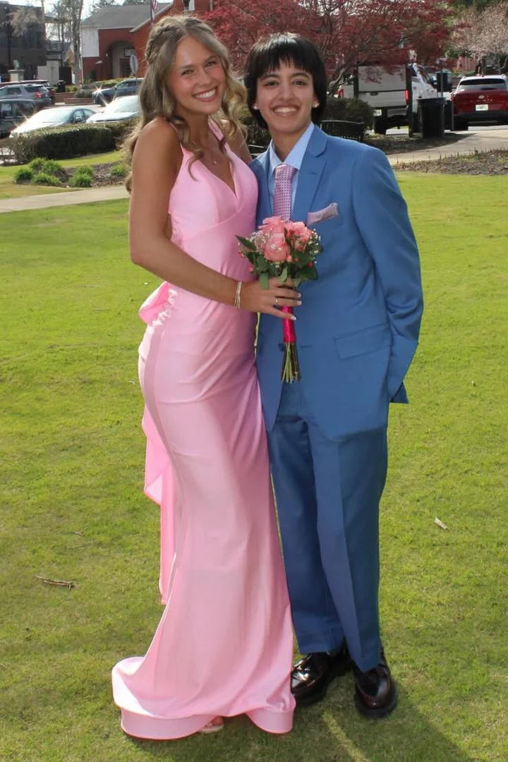 Beautiful Backless V-Neck Mermaid Satin Party Prom Dress With Bow 