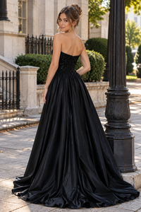 Black A-Line Empire Strapless Sequin And Satin Party Prom Dress