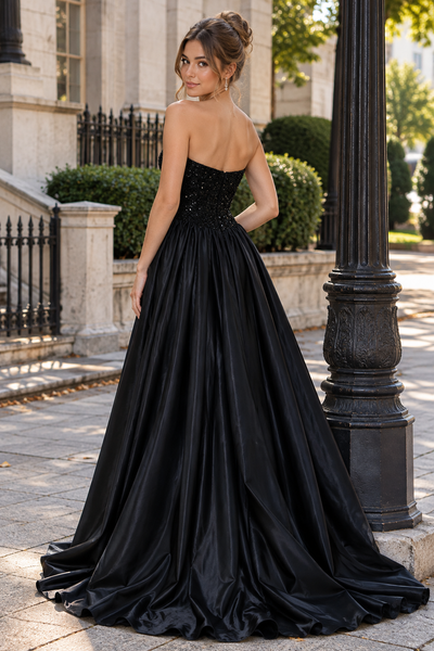 Black A-Line Empire Strapless Sequin And Satin Party Prom Dress