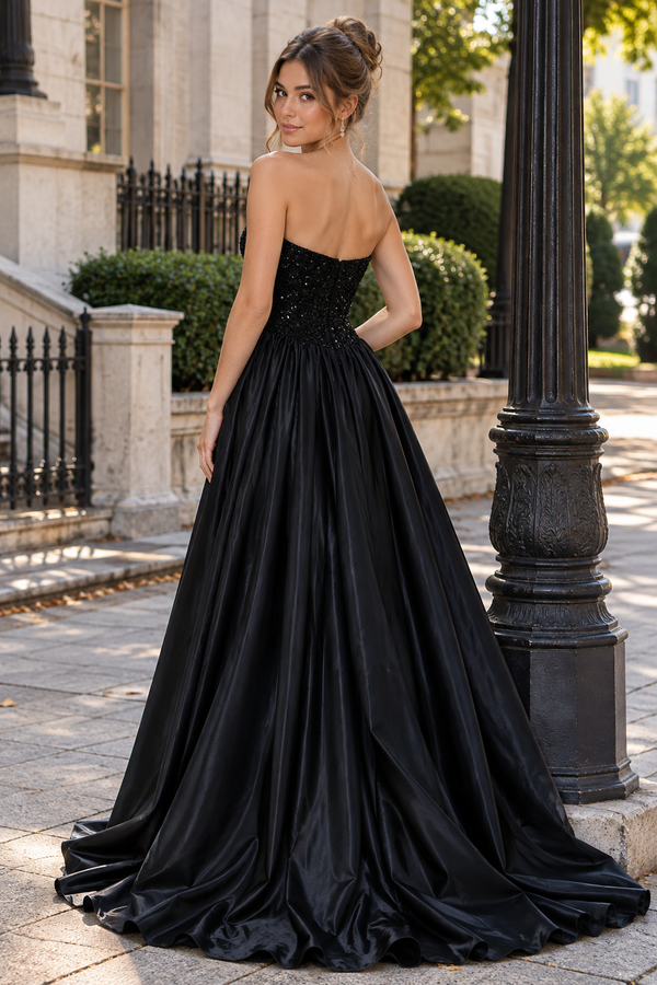 Black A-Line Empire Strapless Sequin And Satin Party Prom Dress