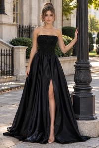 Black A-Line Empire Strapless Sequin And Satin Party Prom Dress