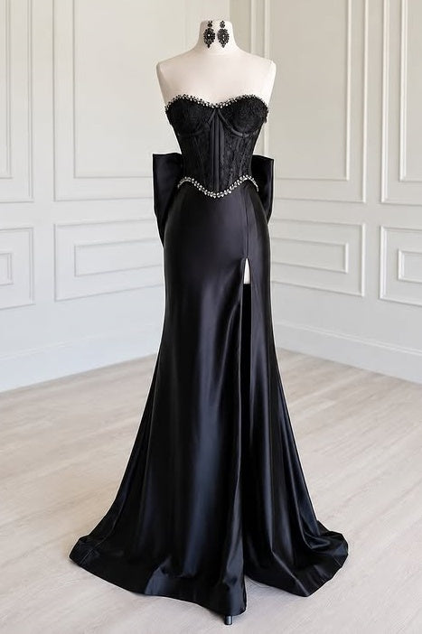 Black Lace And Satin Beaded Strapless Party Prom Dress With Bow