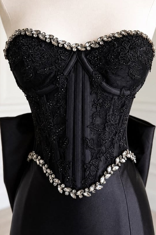 Black Lace And Satin Beaded Strapless Party Prom Dress With Bow