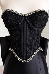 Black Lace And Satin Beaded Strapless Party Prom Dress With Bow