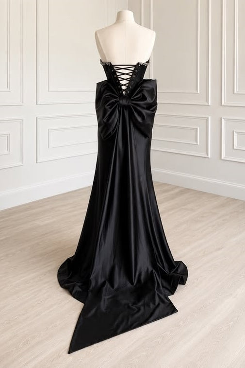 Black Lace And Satin Beaded Strapless Party Prom Dress With Bow