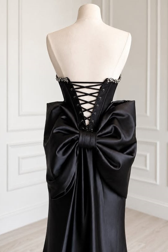 Black Lace And Satin Beaded Strapless Party Prom Dress With Bow