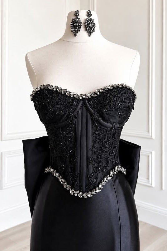 Black Lace And Satin Beaded Strapless Party Prom Dress With Bow