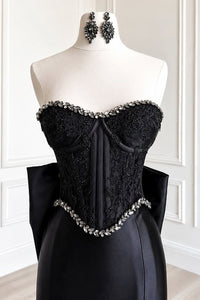 Black Lace And Satin Beaded Strapless Party Prom Dress With Bow