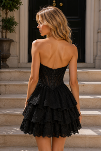Black Lace Strapless Corset Tiered A-Line Homecoming Dress 