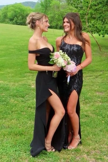 Black Off-Shoulder Satin Maxi Party Prom Dress With Leg Slit 