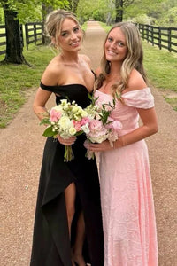 Black Off-Shoulder Satin Maxi Party Prom Dress With Leg Slit 