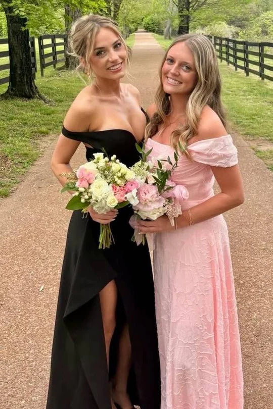 Black Off-Shoulder Satin Maxi Party Prom Dress With Leg Slit 