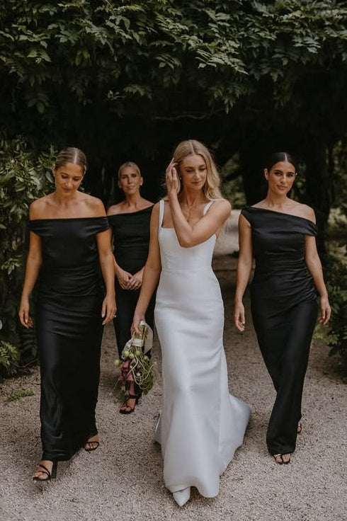 Black Satin Fitted Off-Shoulder Sleeveless Long Bridesmaid Dress