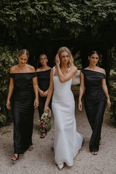 Black Satin Fitted Off-Shoulder Sleeveless Long Bridesmaid Dress